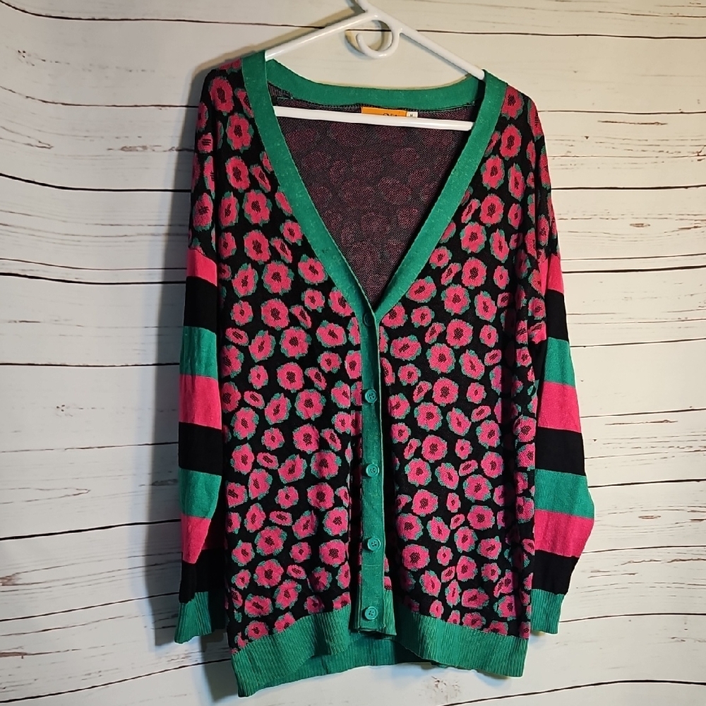 One A Pink Green Floral Oversized ‎ Button Up V- Neck Cardigan Medium